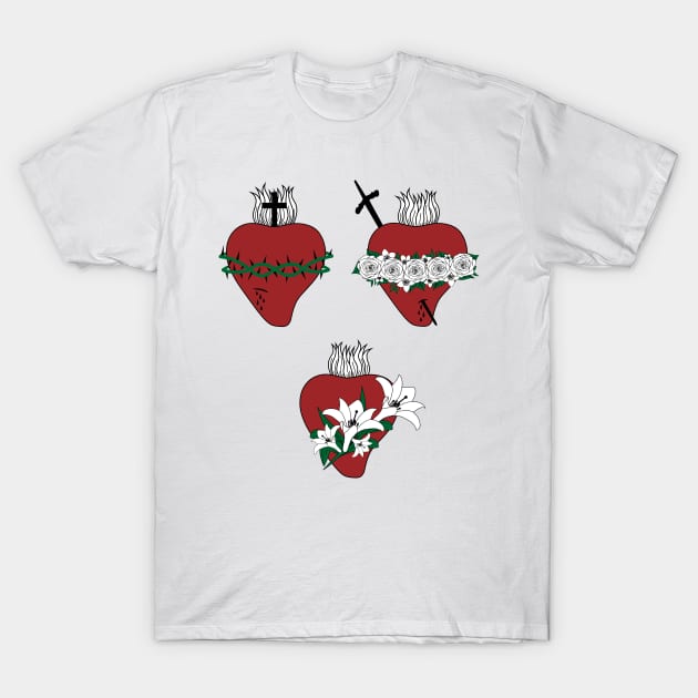 Hearts of Jesus, Virgin Mary and St. Joseph T-Shirt by alinerope